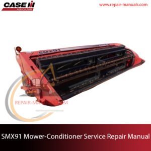 Service repair manual cover for Case SMX91 mower-conditioner, featuring detailed diagrams and maintenance instructions