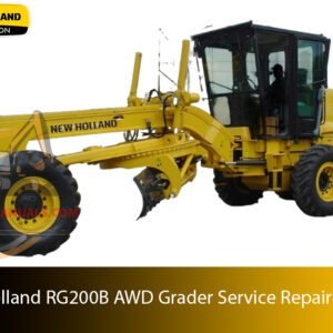 Service repair manual cover for New Holland RG200B AWD Motor Grader, featuring technical illustrations, detailed repair and maintenance instructions