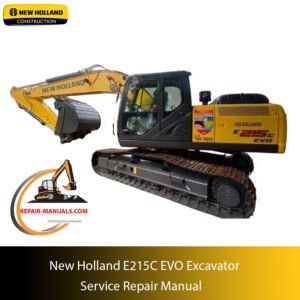 Service repair manual cover for New Holland E215C EVO Excavator, featuring technical illustrations, detailed repair and maintenance instructions