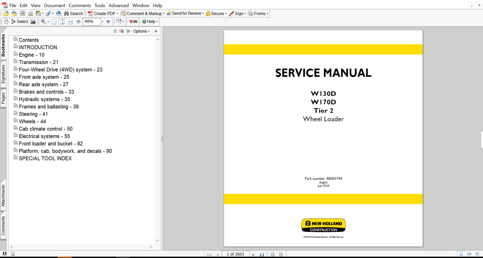 New Holland W130D Wheel Loader Service Manual cover with images of the loader and essential repair information