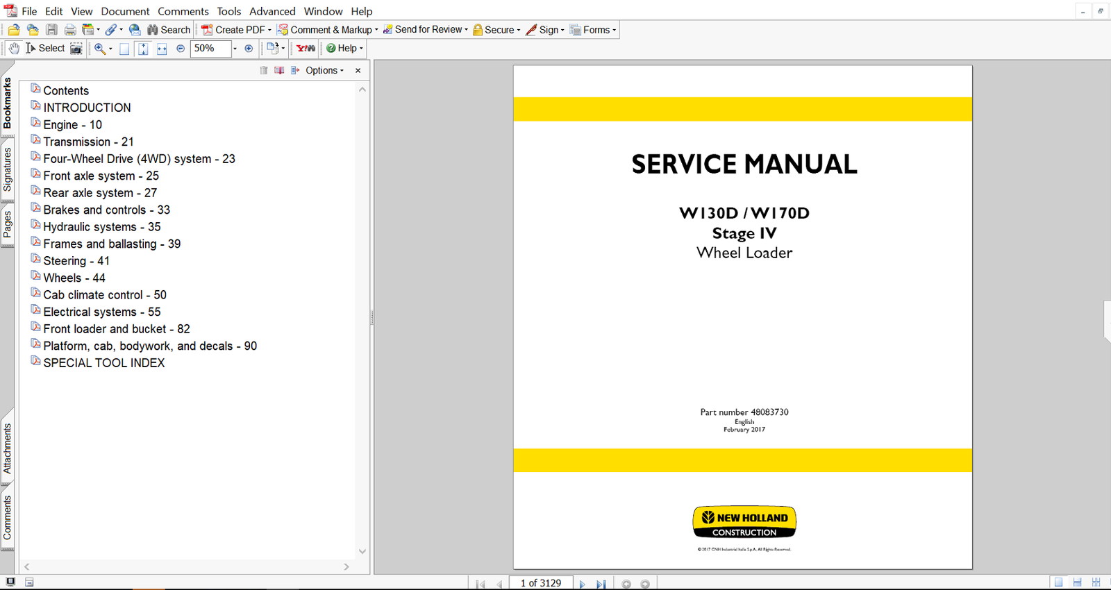 New Holland W170D Wheel Loader Service Manual cover with images of the loader and technical repair details